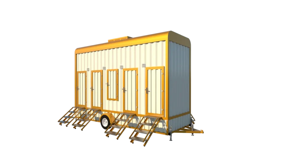 Mechwat 8 seater mobile toilet trailer with eight independent washroom doors and entry steps for industrial and construction sites
