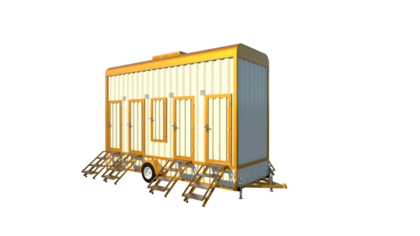 Mechwat 8 seater mobile toilet trailer with eight independent washroom doors and entry steps for industrial and construction sites
