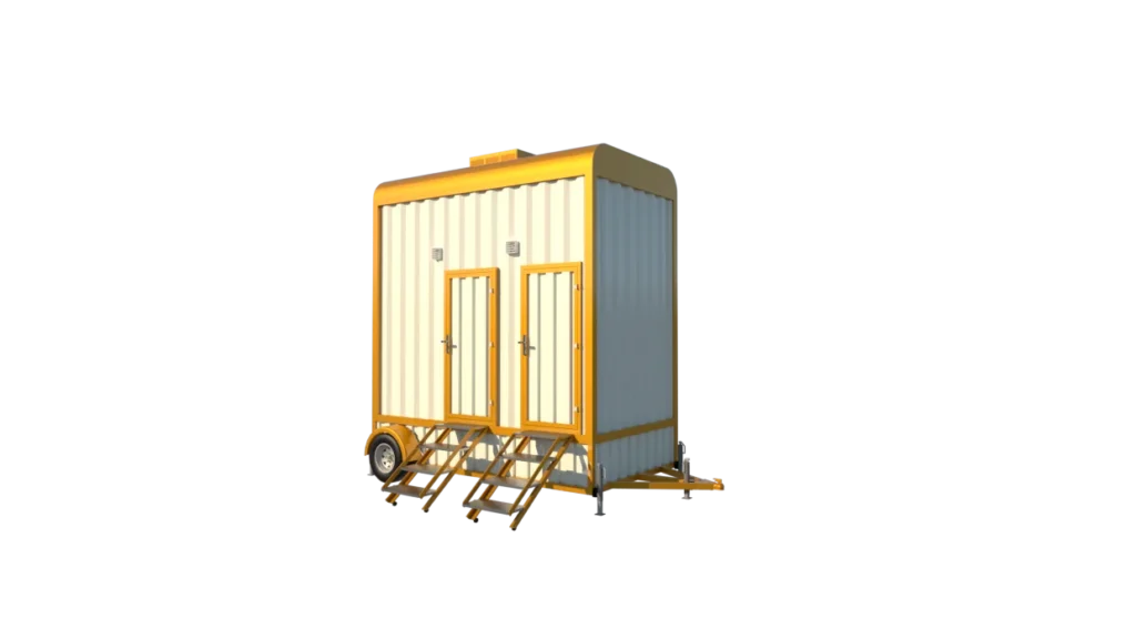Mechwat four seater mobile toilet trailer with four individual washrooms, blue doors and separate entry steps