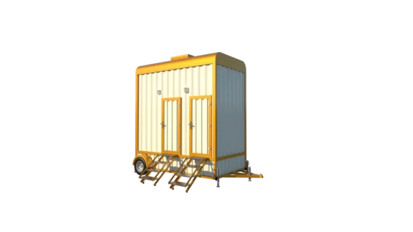 Mechwat four seater mobile toilet trailer with four individual washrooms, blue doors and separate entry steps