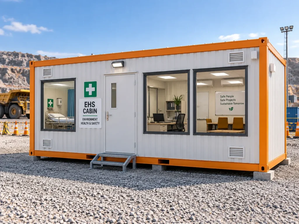 Mechwat portable EHS office and first aid cabin with separate medical support and safety administration areas