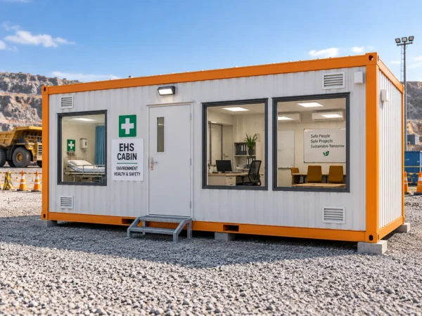 Mechwat portable EHS office and first aid cabin with separate medical support and safety administration areas