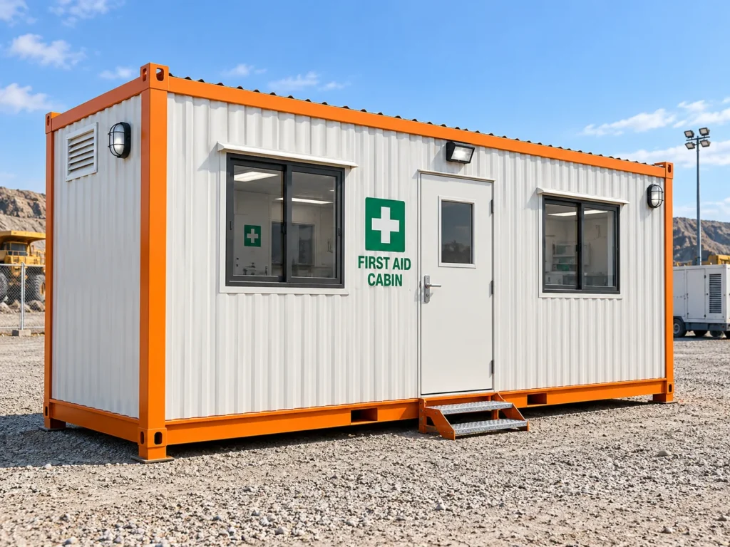 Mechwat portable first aid cabin floor plan and interior elevations showing examination couch, medical workstation, waiting chairs and storage