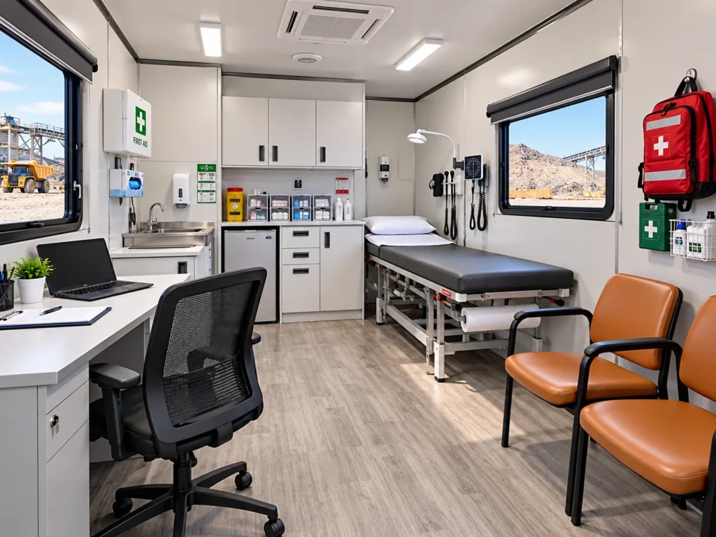 Mechwat first aid cabin technical drawing showing examination area, attendant workstation, seating and medical storage provisions