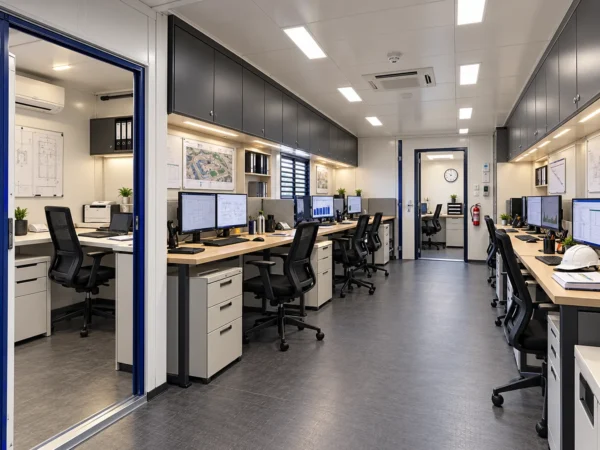 Mechwat 20 ft prefabricated portable project control office with blue steel framing, entrance door and window