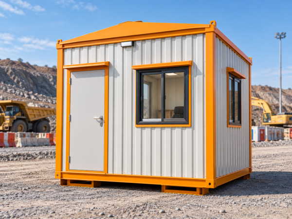 10x10 ft portable security guard cabin floor plan showing entrance door, windows and security workstation by Mechwat