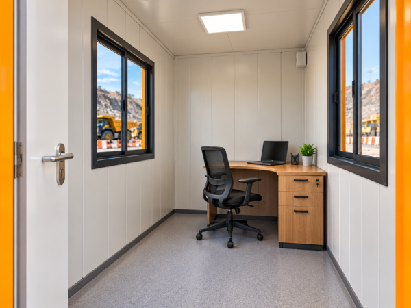 10x10 ft portable security guard cabin floor plan showing entrance door, windows and security workstation by Mechwat