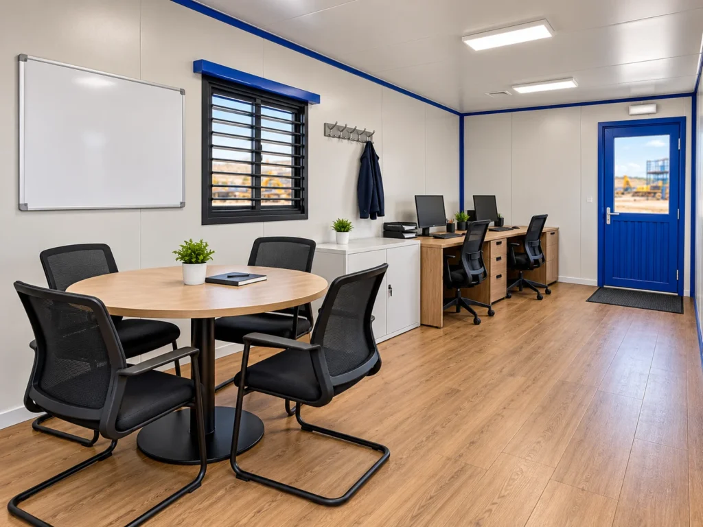Mechwat 20x10 ft portable site office floor plan with round four-chair meeting table and two computer workstations