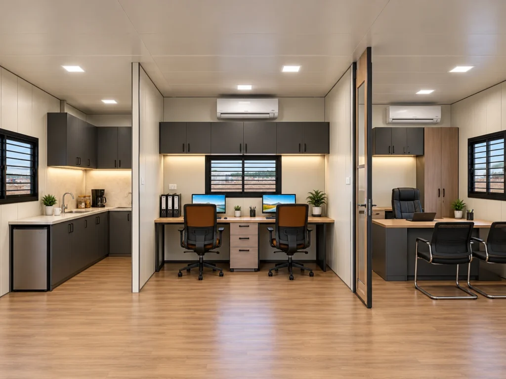 Mechwat 24x8 ft prefabricated site office cabin with manager office, employee workstations and pantry
