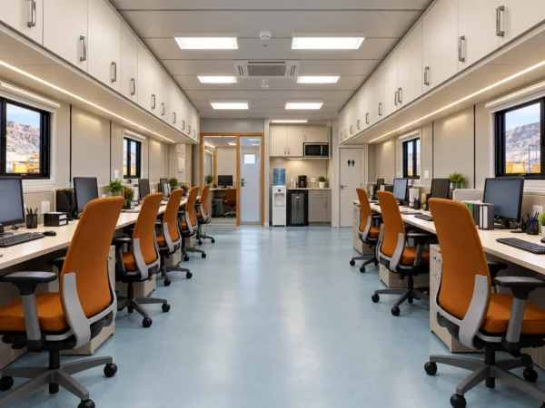 Mechwat 40x10 ft large portable site office with manager cabin, employee workstations and integrated washroom