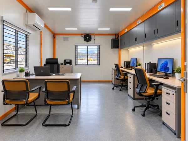 Mechwat 20x10 ft portable site office drawing showing manager desk, employee workstations, interior layout and exterior steel cabin