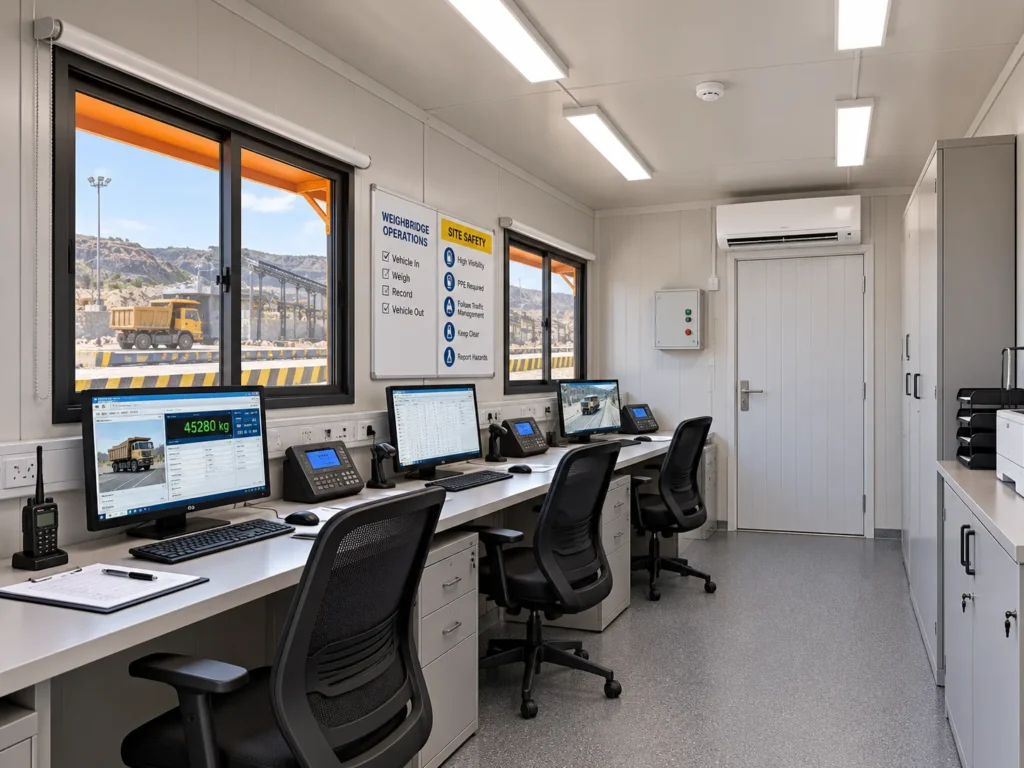 Portable weighbridge operator cabin engineering layout showing control office, separate toilet compartment and utility provisions