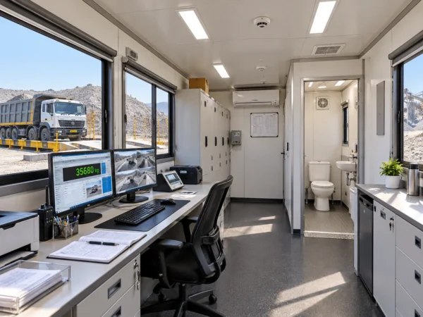Mechwat weighbridge cabin engineering drawing showing operator room, internal partition and integrated toilet compartment