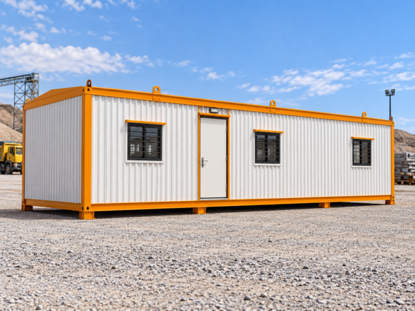 Mechwat 40x10 ft portable workstation office floor plan with two rows of desks, central aisle and separate manager cabin