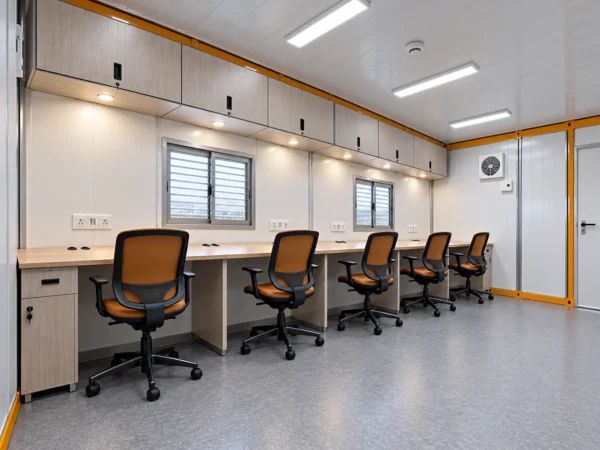 Mechwat 20 ft portable workstation office floor plan showing five office chairs, continuous desk counter and open circulation area