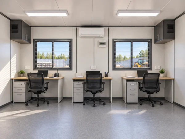 Mechwat portable site office drawing showing three individual employee workstations, desk arrangements, storage and internal office elevations