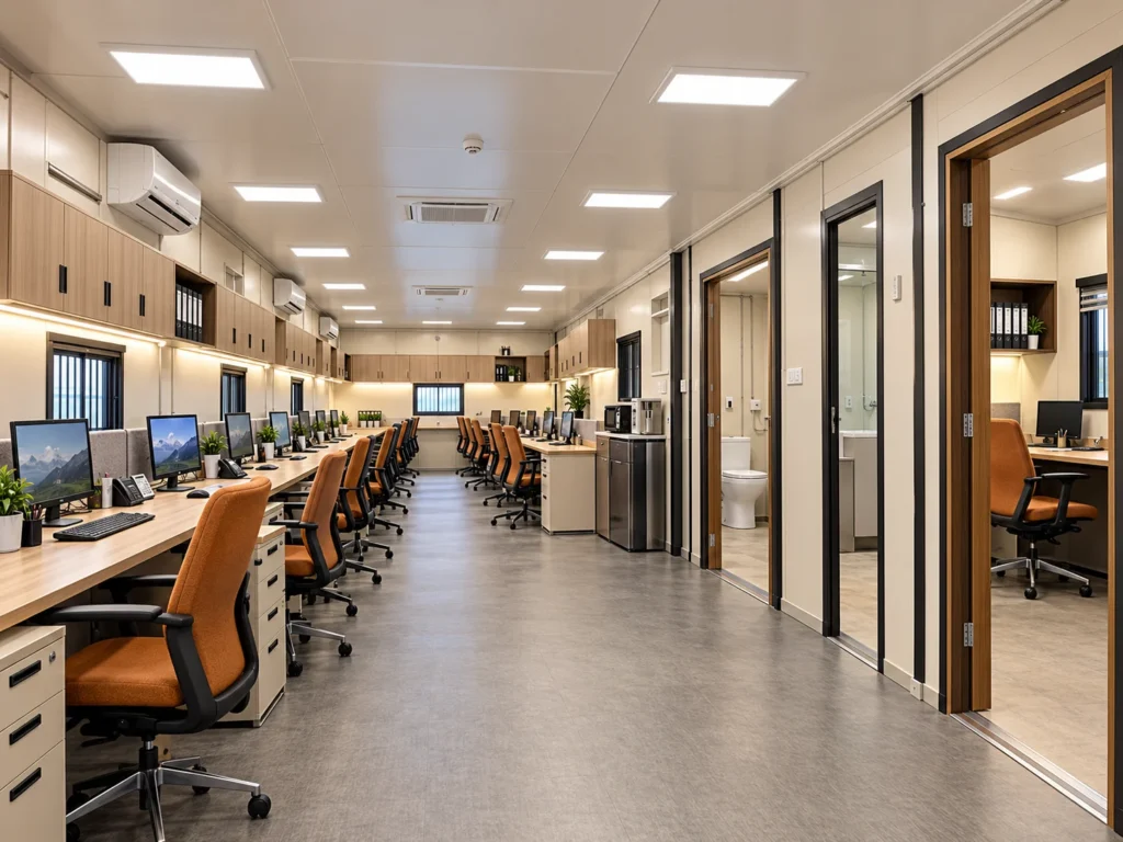 Mechwat 40 ft prefabricated portable site office with dual manager cabins, central workstations and integrated washroom