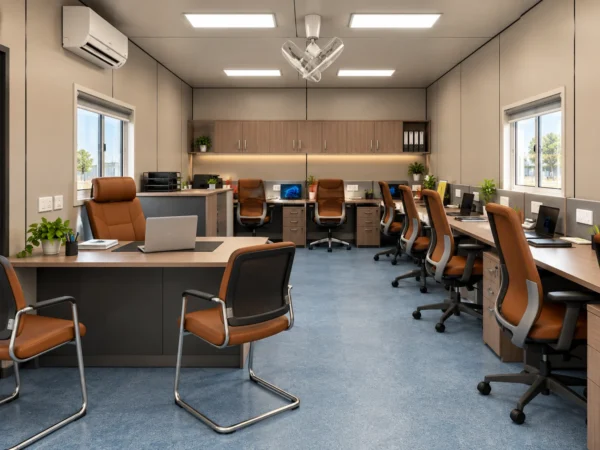 Mechwat 20x10 ft portable site office interior with manager desk and multiple employee workstations