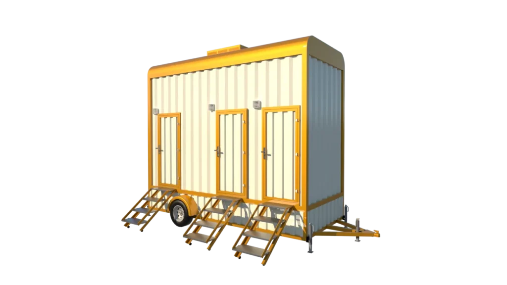 Mechwat six seater mobile toilet trailer with six independent blue-door washroom compartments and access steps