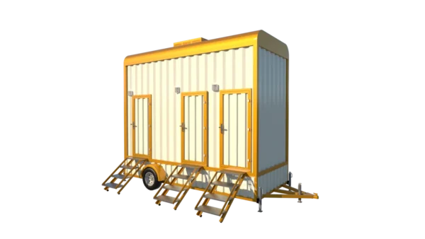 Mechwat six seater mobile toilet trailer with six independent blue-door washroom compartments and access steps